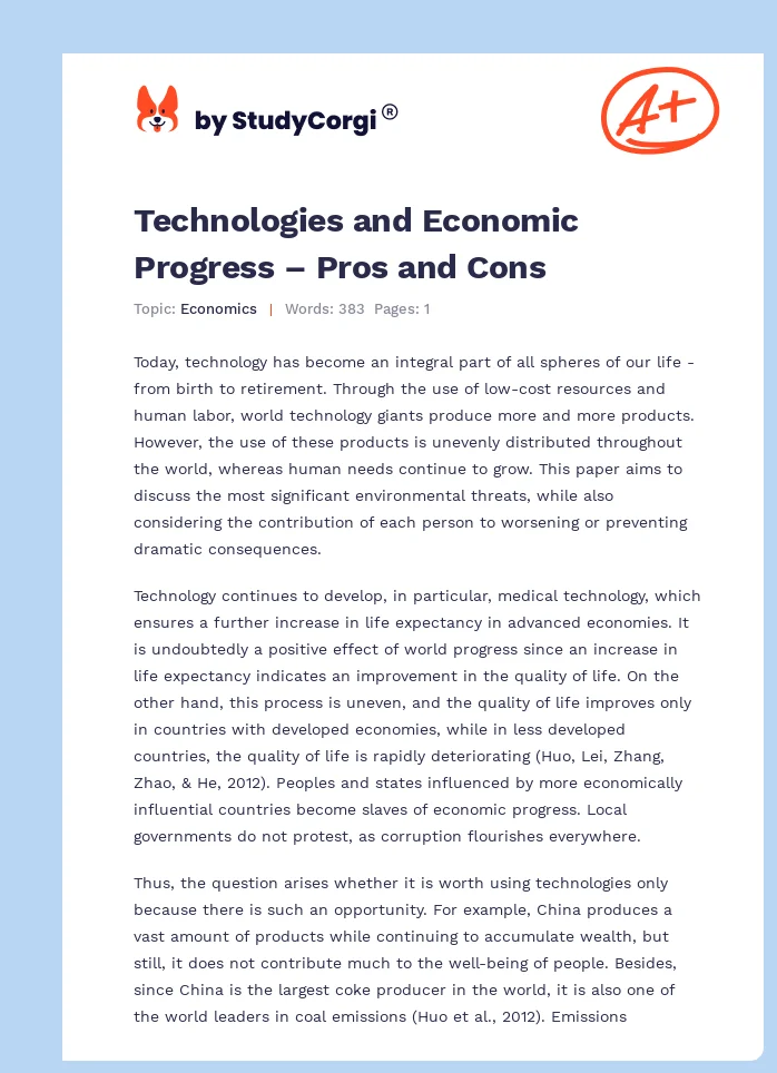 Technologies and Economic Progress – Pros and Cons. Page 1