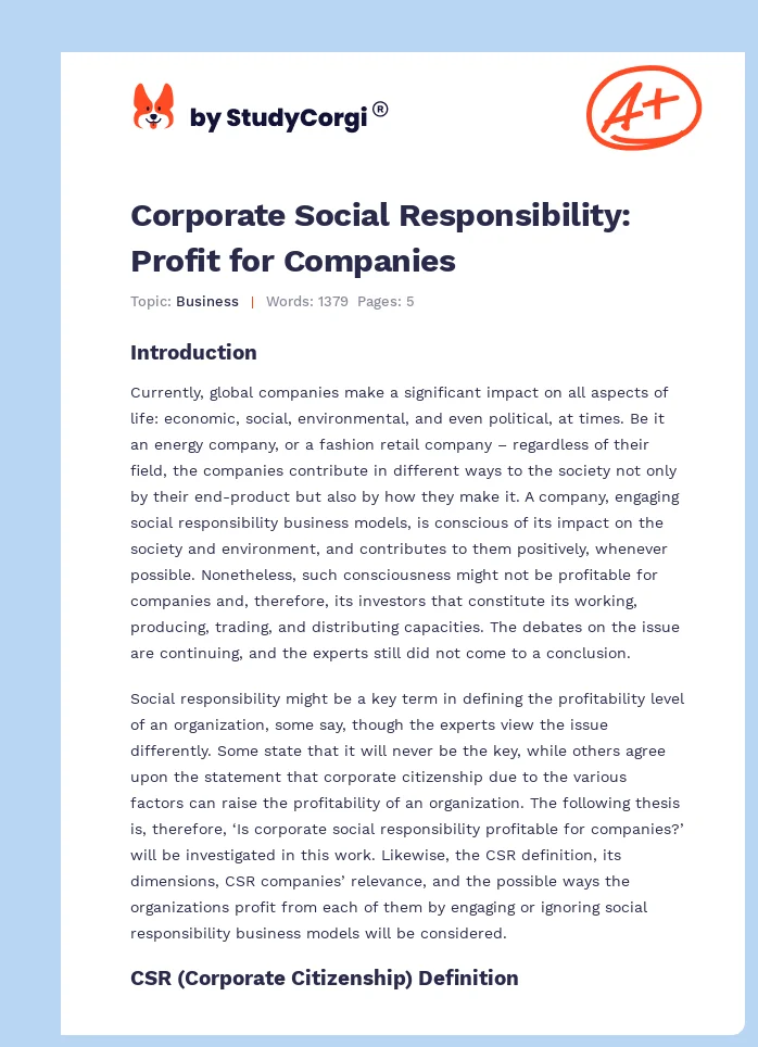 Corporate Social Responsibility: Profit for Companies. Page 1