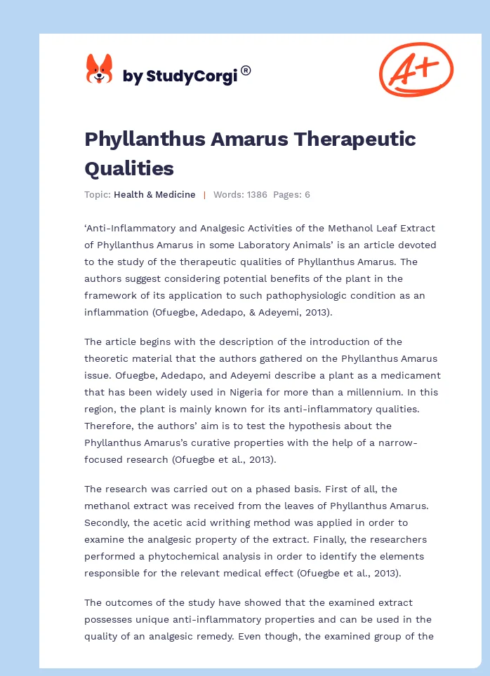 Phyllanthus Amarus Therapeutic Qualities. Page 1