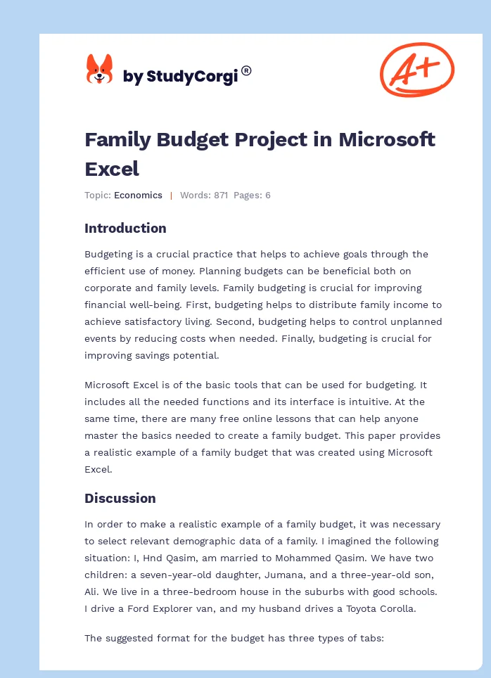 Family Budget Project in Microsoft Excel. Page 1