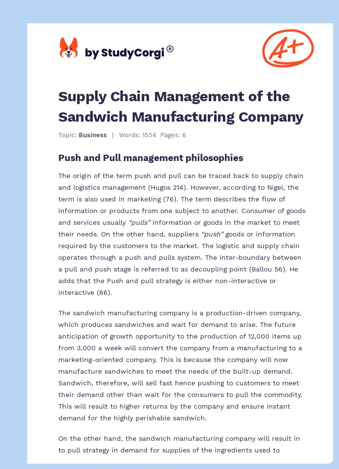 Supply Chain Management of the Sandwich Manufacturing Company. Page 1