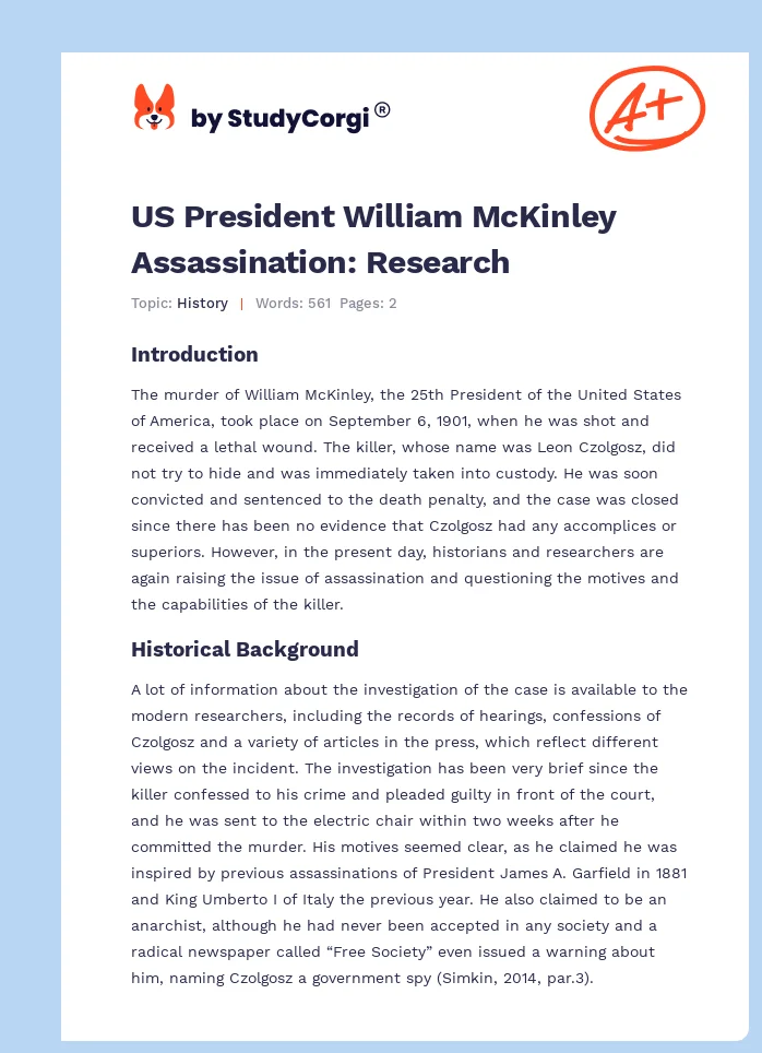 US President William McKinley Assassination: Research. Page 1