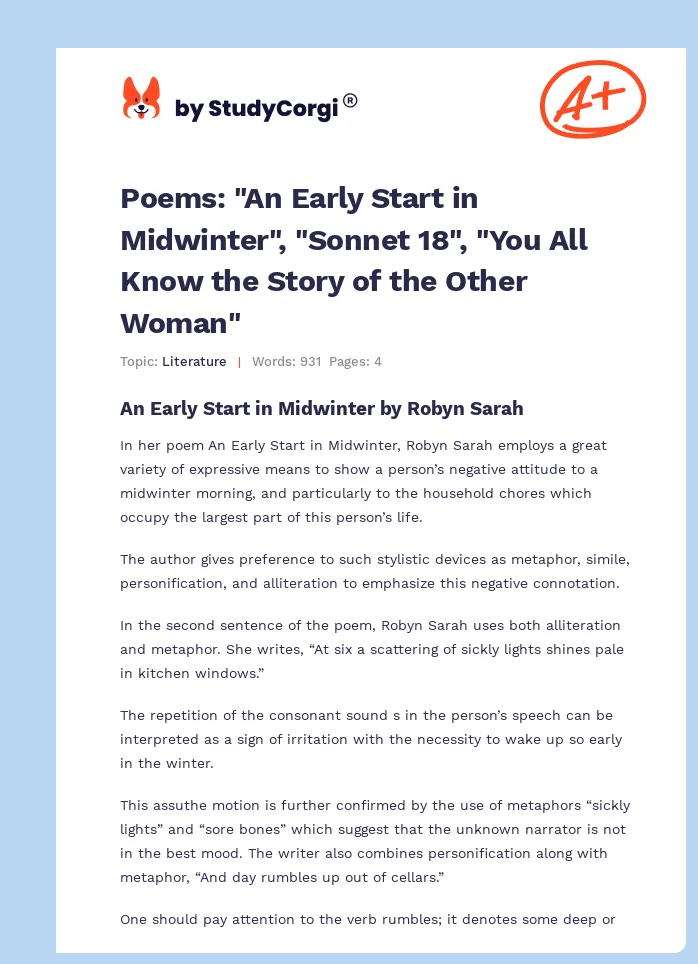 Poems: "An Early Start in Midwinter", "Sonnet 18", "You All Know the Story of the Other Woman". Page 1