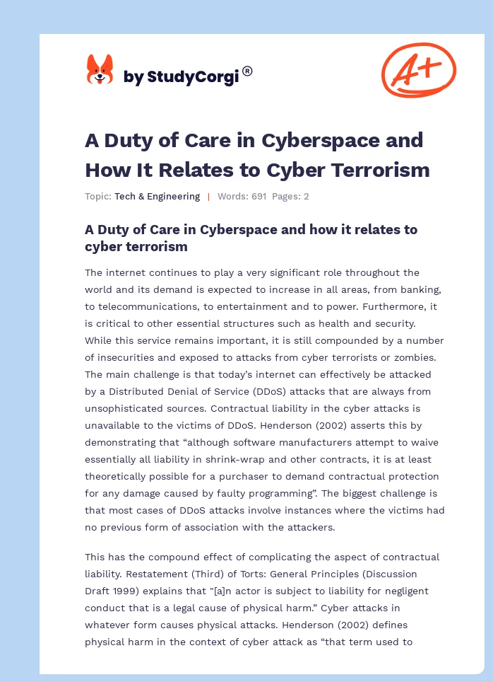 A Duty of Care in Cyberspace and How It Relates to Cyber Terrorism. Page 1