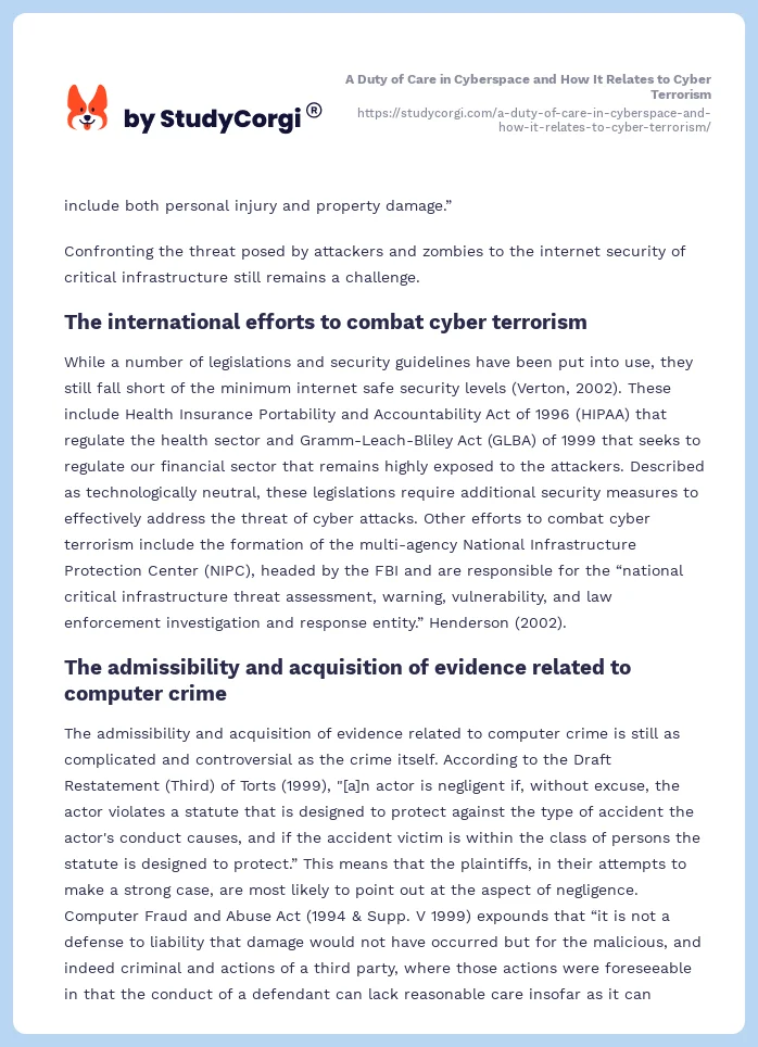 A Duty of Care in Cyberspace and How It Relates to Cyber Terrorism. Page 2