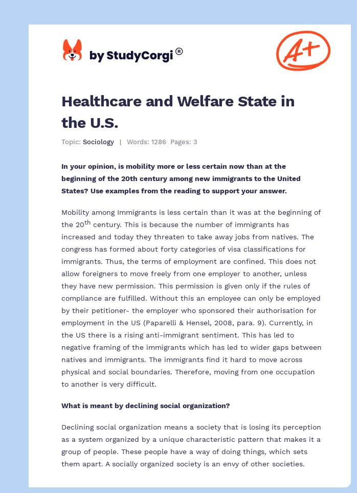 Healthcare and Welfare State in the U.S.. Page 1