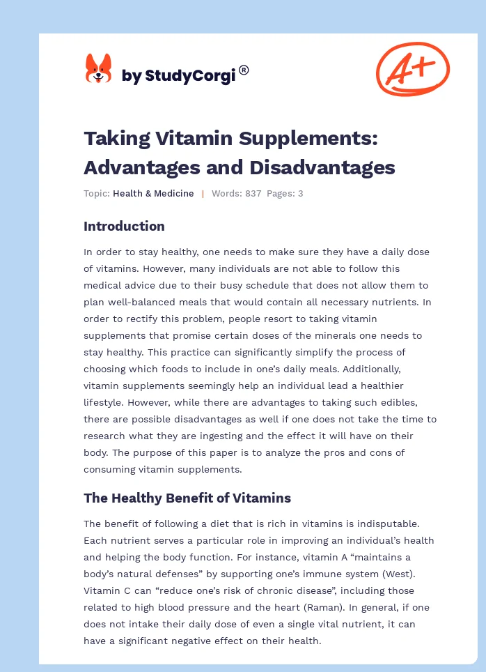 Taking Vitamin Supplements: Advantages and Disadvantages. Page 1