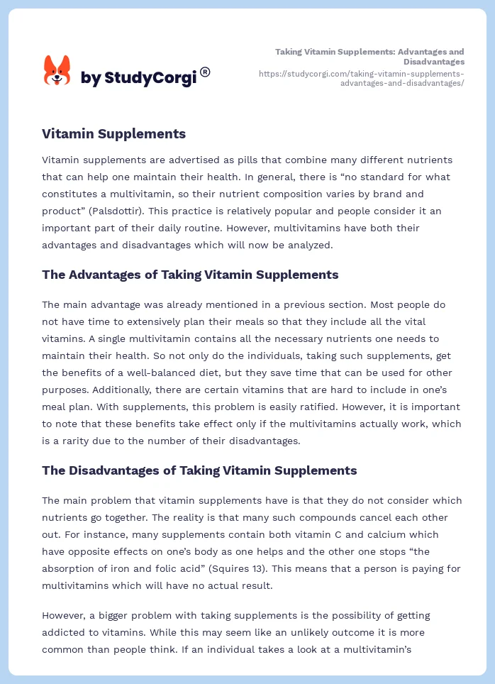 Taking Vitamin Supplements: Advantages and Disadvantages. Page 2