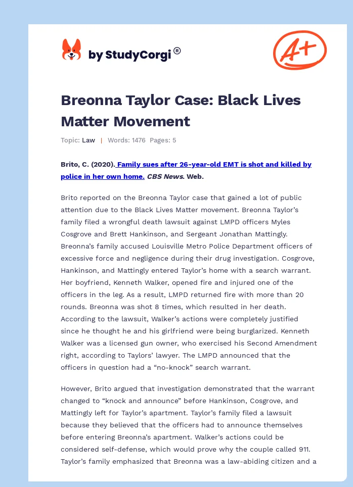 Breonna Taylor Case: Black Lives Matter Movement. Page 1