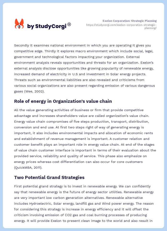 Exelon Corporation: Strategic Planning. Page 2