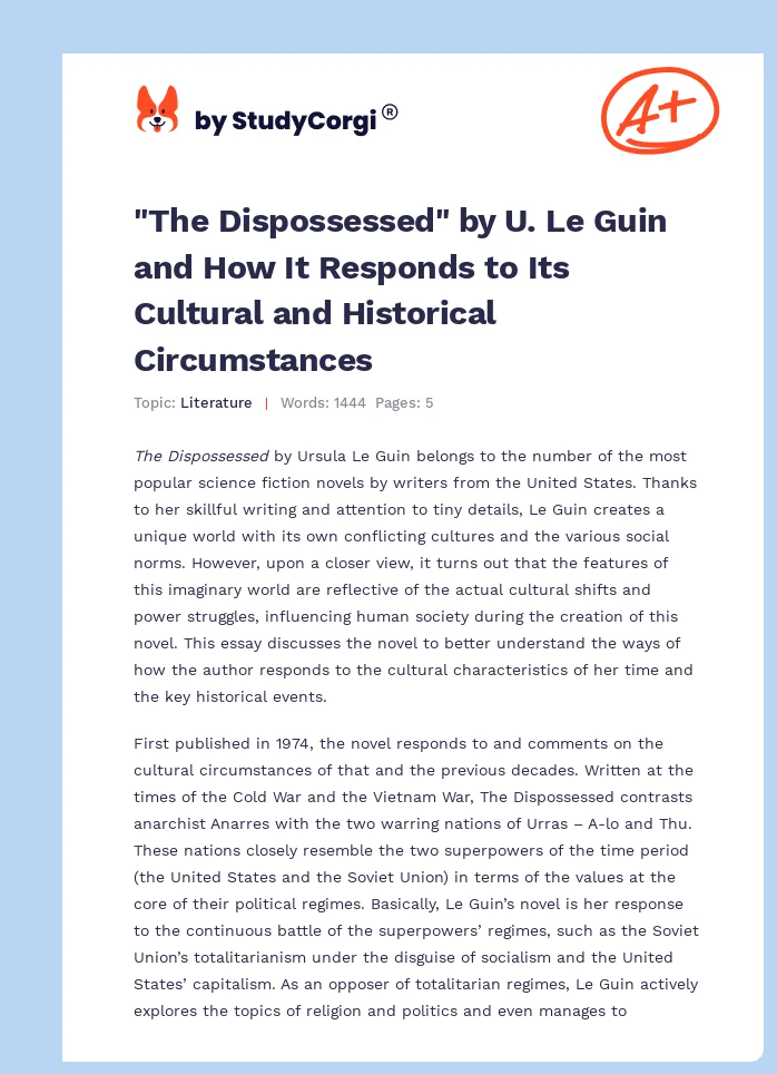 "The Dispossessed" by U. Le Guin and How It Responds to Its Cultural and Historical Circumstances. Page 1