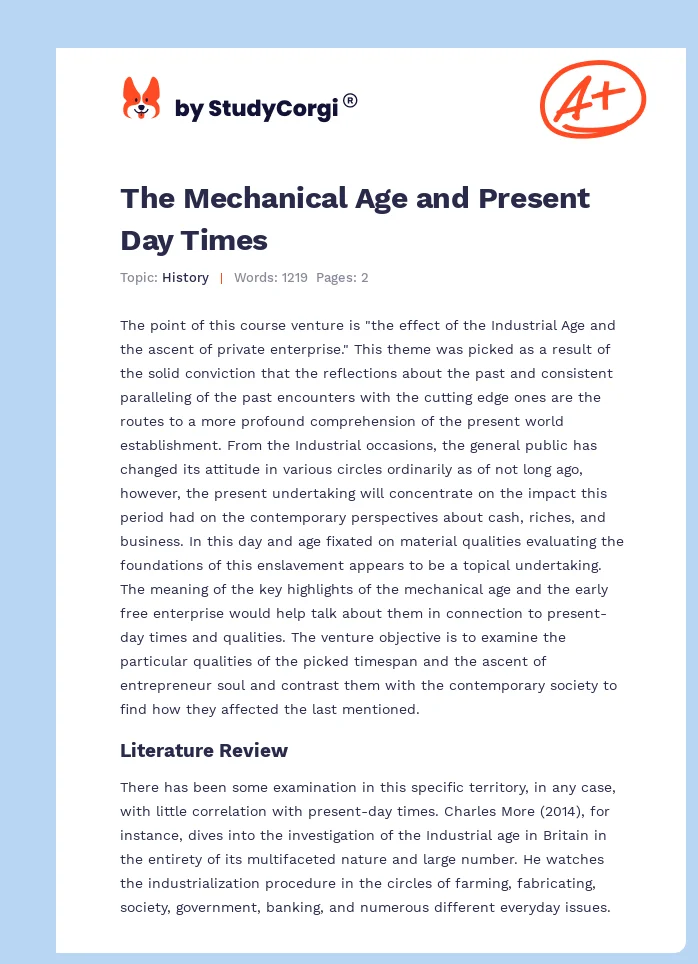 The Mechanical Age and Present Day Times. Page 1