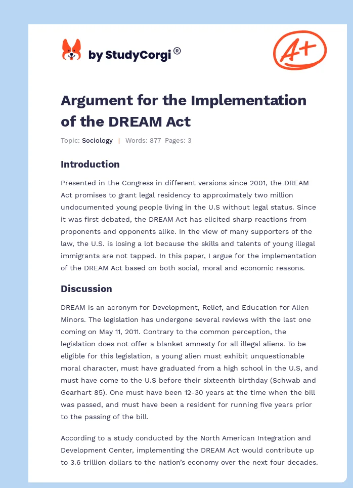 Argument for the Implementation of the DREAM Act. Page 1