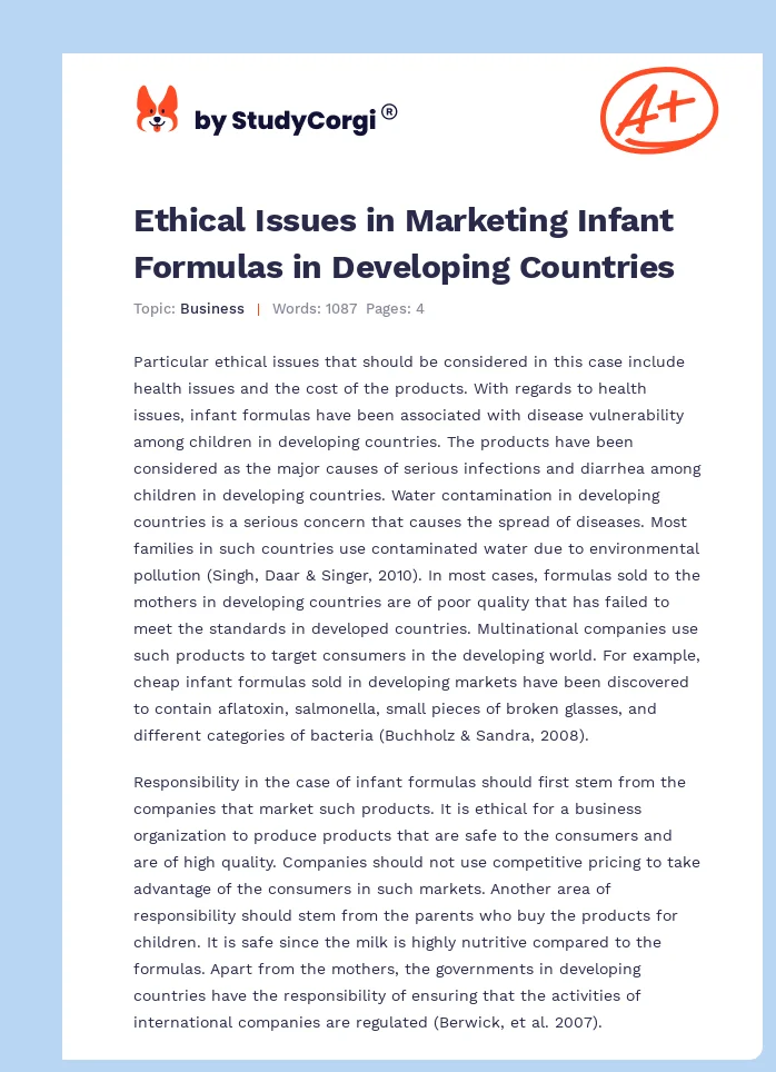 Ethical Issues in Marketing Infant Formulas in Developing Countries. Page 1