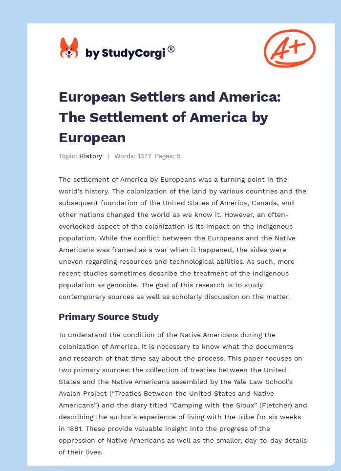 European Settlers and America: The Settlement of America by European. Page 1