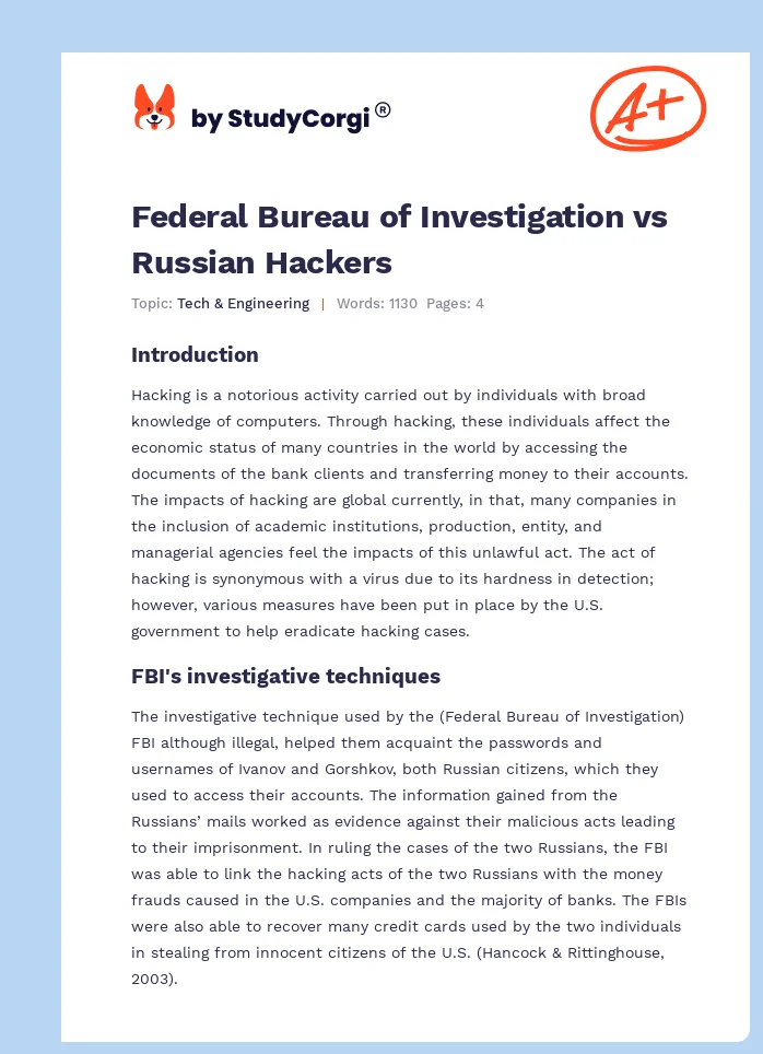 Federal Bureau of Investigation vs Russian Hackers. Page 1