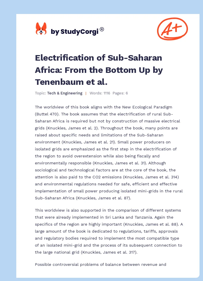 Electrification of Sub-Saharan Africa: From the Bottom Up by Tenenbaum et al.. Page 1