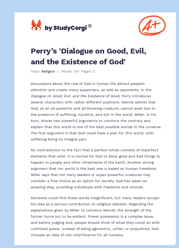 Perry’s 'Dialogue on Good, Evil, and the Existence of God'. Page 1