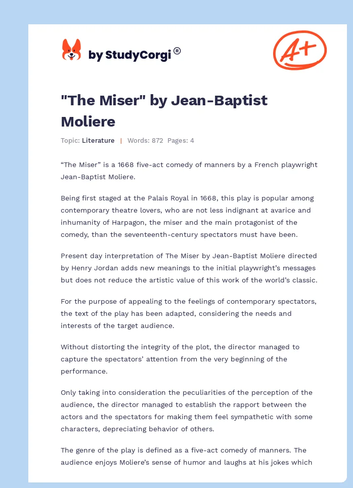 "The Miser" by Jean-Baptist Moliere. Page 1
