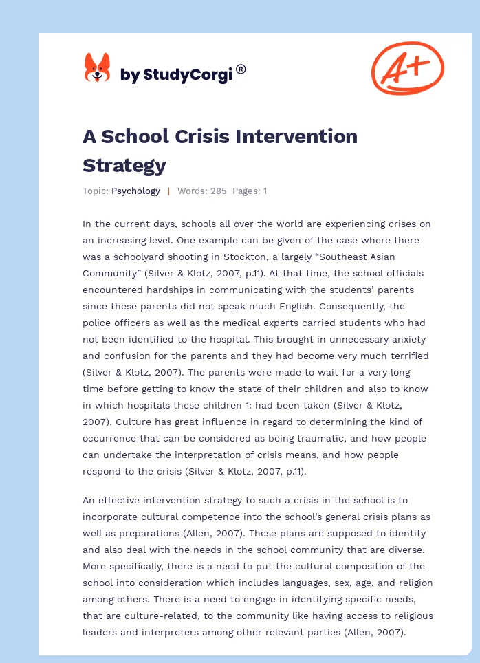 A School Crisis Intervention Strategy. Page 1