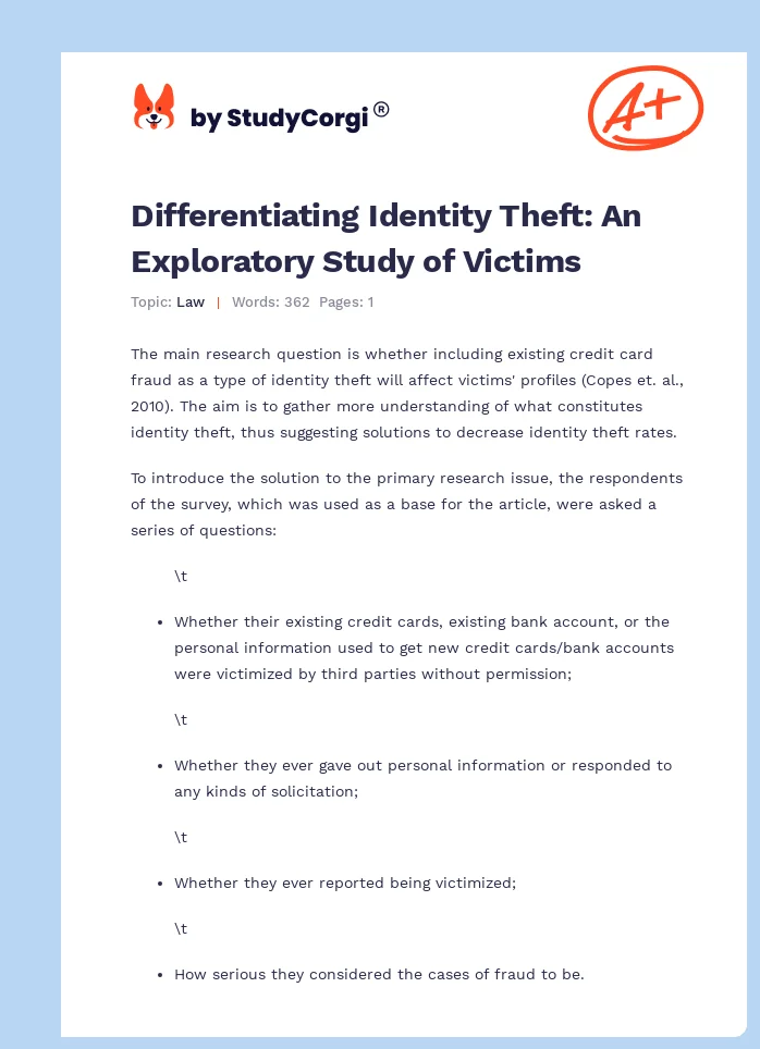 Differentiating Identity Theft: An Exploratory Study of Victims. Page 1
