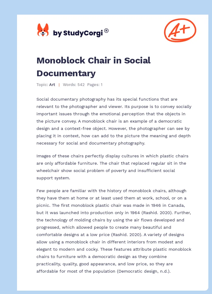 Monoblock Chair in Social Documentary. Page 1