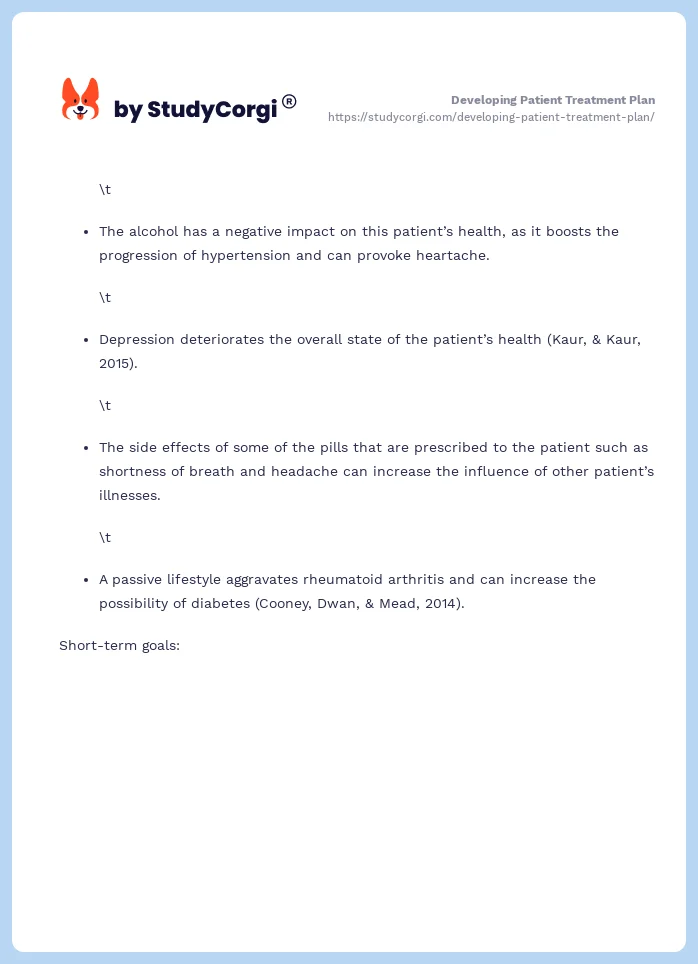 Developing Patient Treatment Plan. Page 2