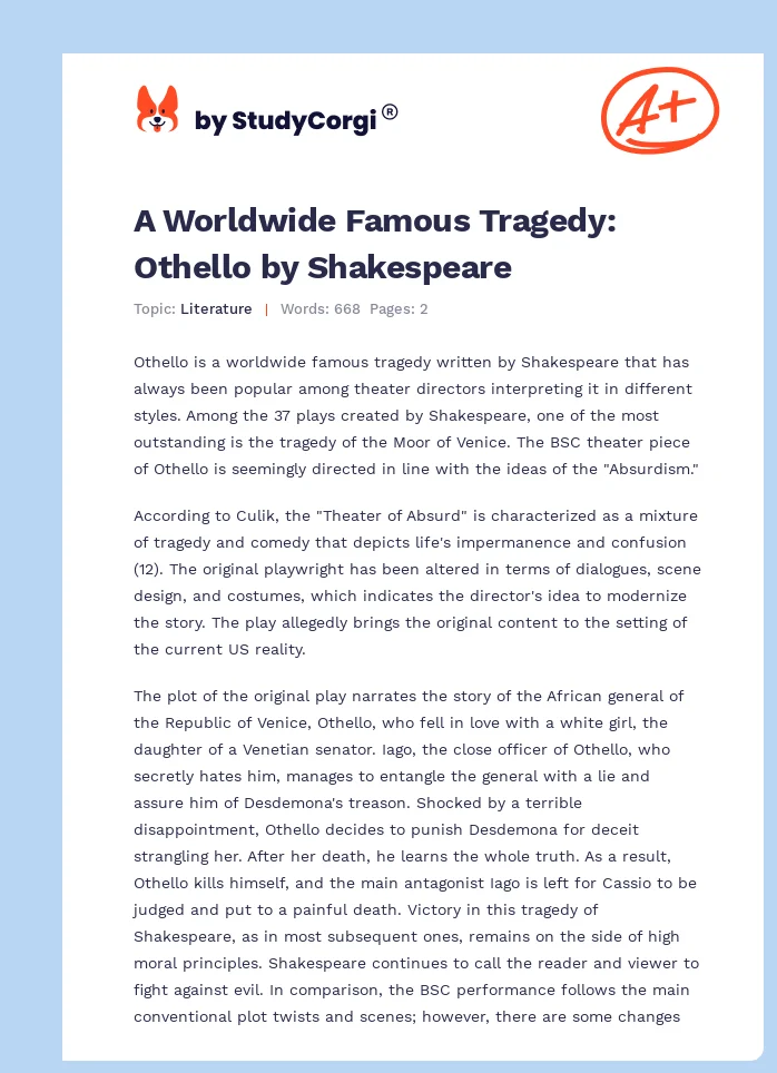 A Worldwide Famous Tragedy: Othello by Shakespeare. Page 1