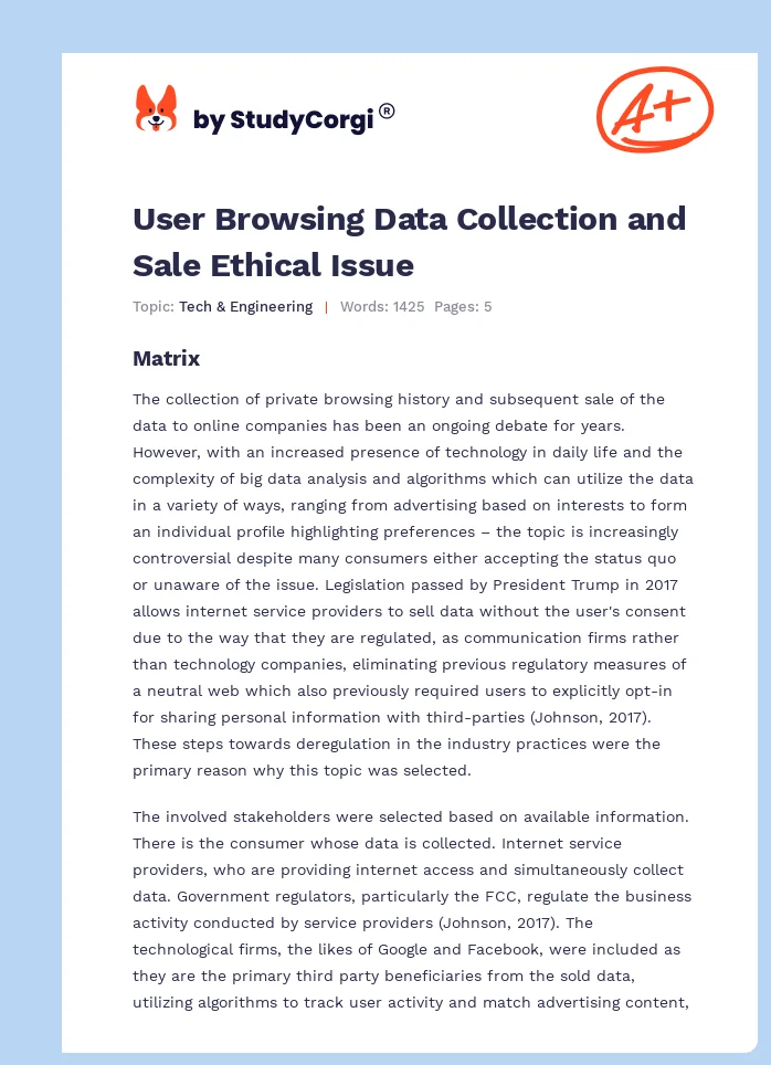 User Browsing Data Collection and Sale Ethical Issue. Page 1