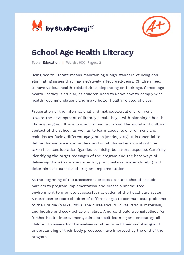 School Age Health Literacy. Page 1