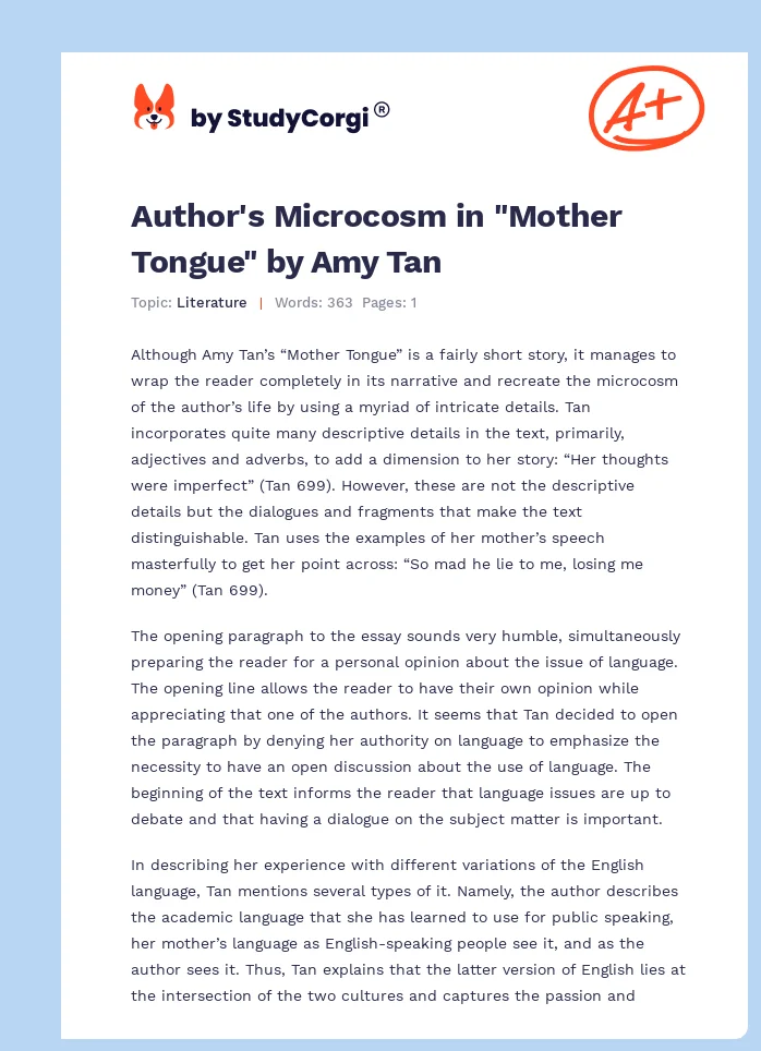 Author's Microcosm in "Mother Tongue" by Amy Tan. Page 1