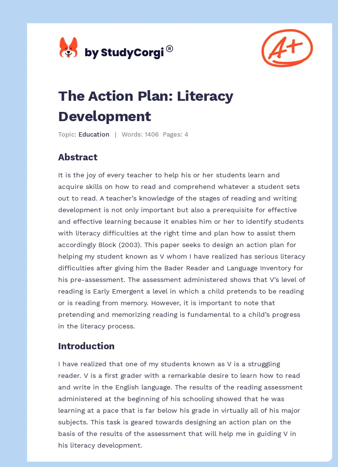 The Action Plan: Literacy Development. Page 1