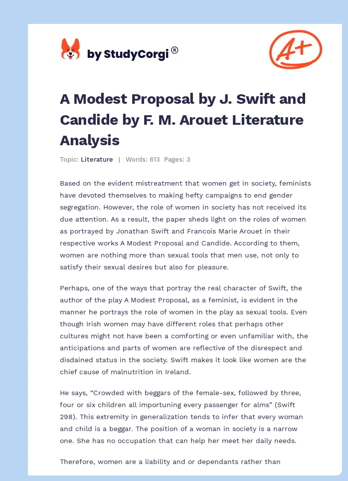 A Modest Proposal by J. Swift and Candide by F. M. Arouet Literature Analysis. Page 1