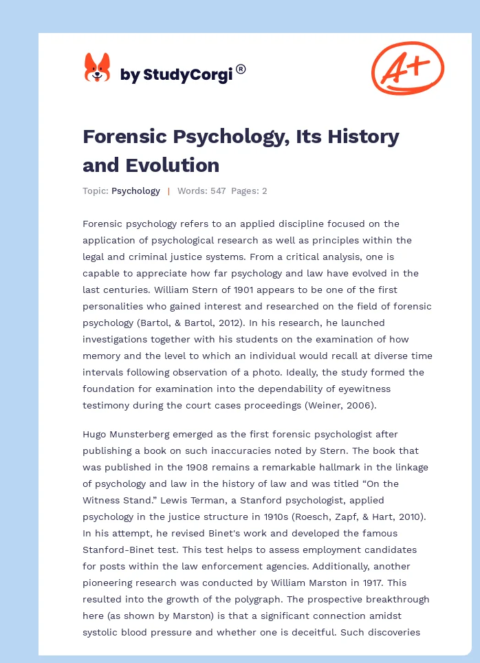 Forensic Psychology, Its History and Evolution. Page 1