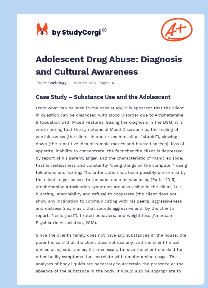 Adolescent Drug Abuse: Diagnosis and Cultural Awareness. Page 1