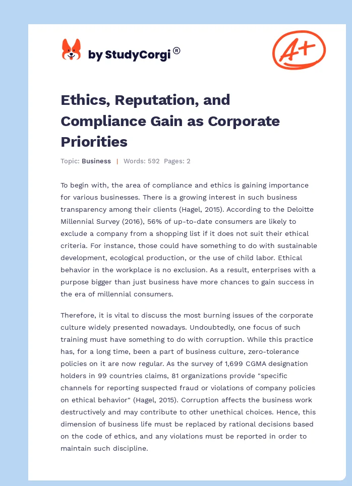 Ethics, Reputation, and Compliance Gain as Corporate Priorities. Page 1