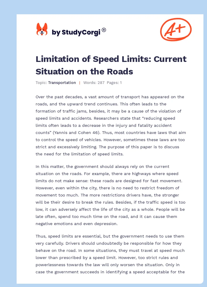 Limitation of Speed Limits: Current Situation on the Roads. Page 1