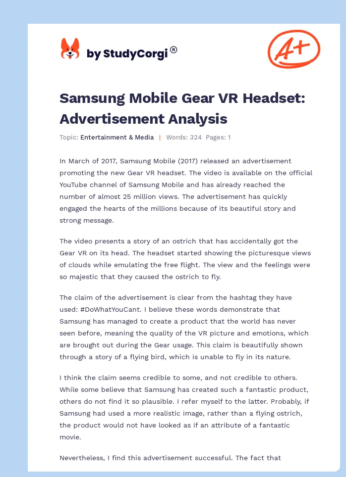 Samsung Mobile Gear VR Headset: Advertisement Analysis. Page 1