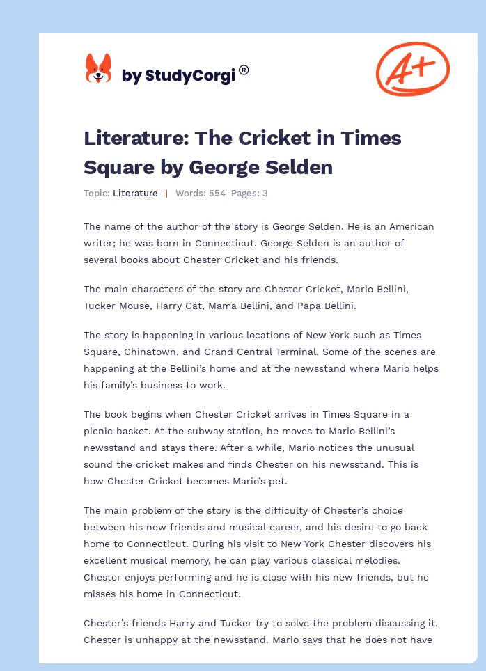 Literature: The Cricket in Times Square by George Selden. Page 1