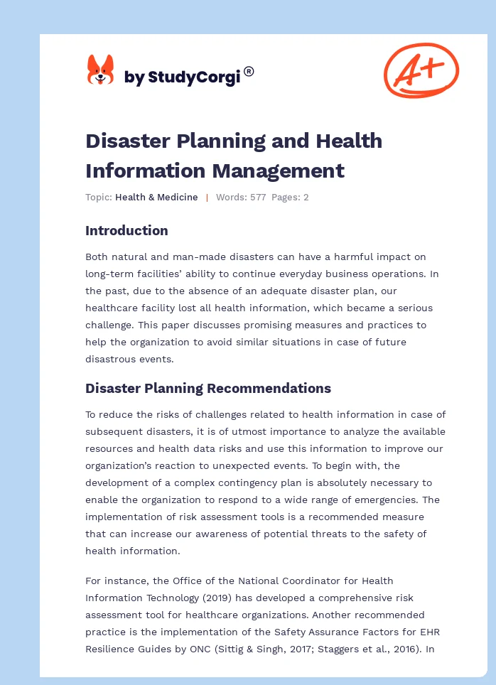 Disaster Planning and Health Information Management. Page 1