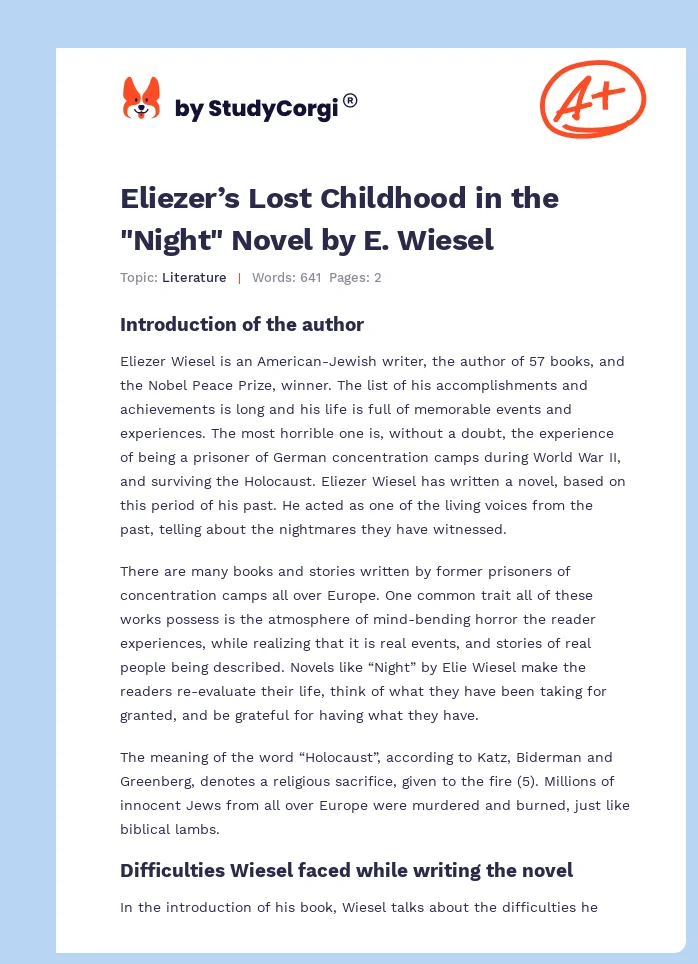 Eliezer’s Lost Childhood in the "Night" Novel by E. Wiesel. Page 1