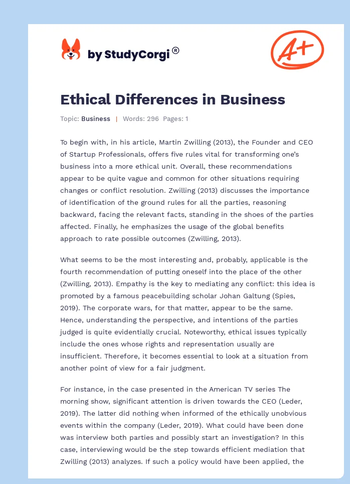 Ethical Differences in Business. Page 1