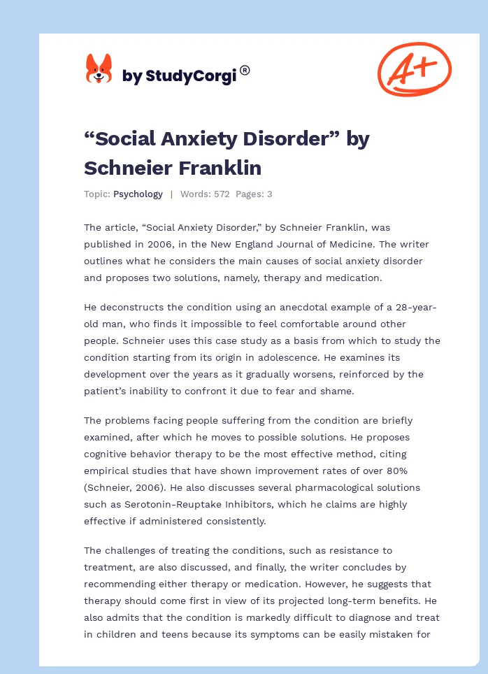 “Social Anxiety Disorder” by Schneier Franklin. Page 1