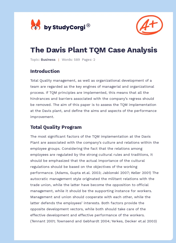 The Davis Plant TQM Case Analysis. Page 1