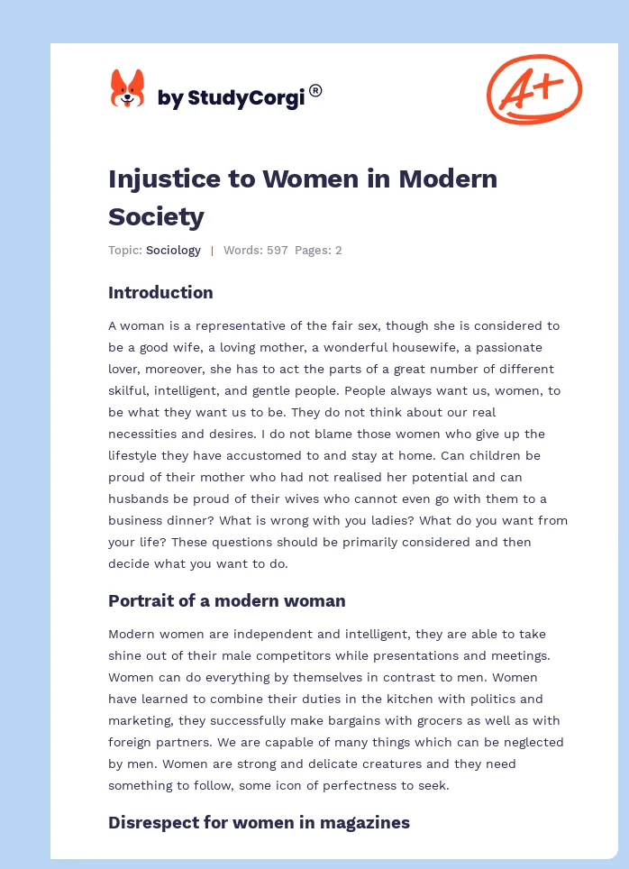 Injustice to Women in Modern Society. Page 1