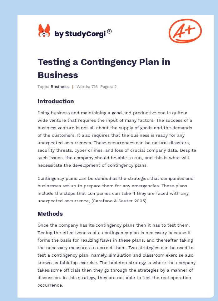 Testing a Contingency Plan in Business. Page 1