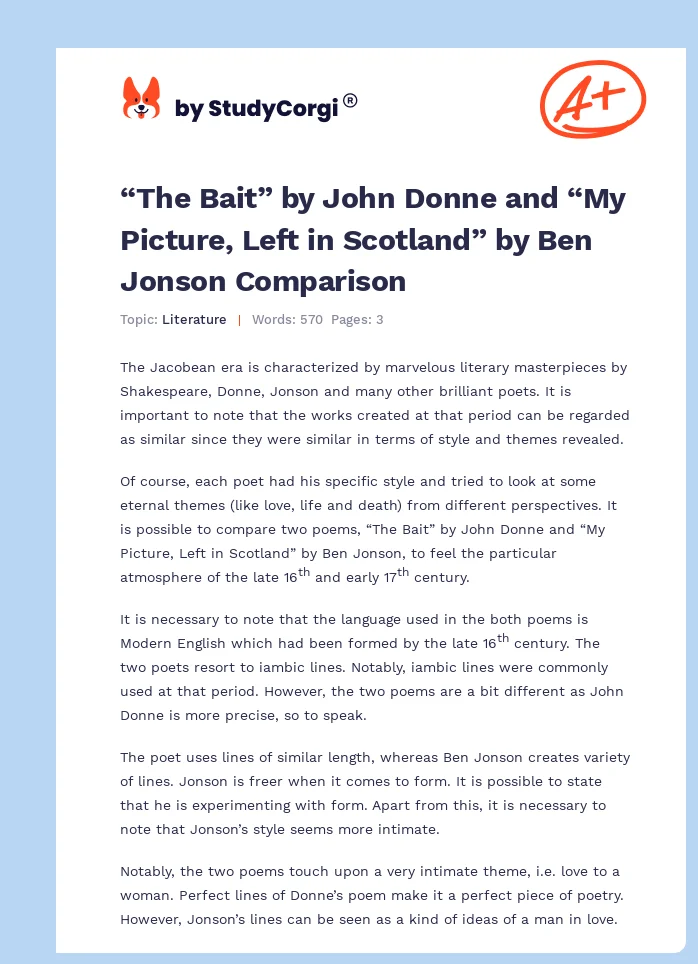 “The Bait” by John Donne and “My Picture, Left in Scotland” by Ben Jonson Comparison. Page 1
