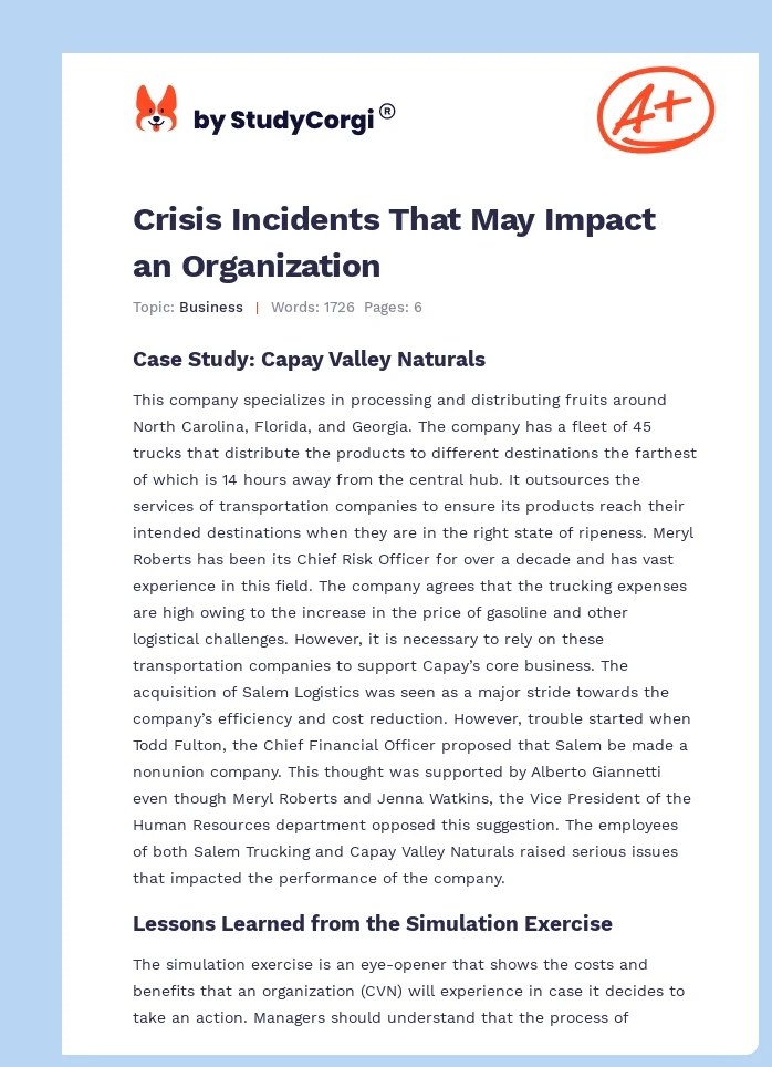 Crisis Incidents That May Impact an Organization. Page 1