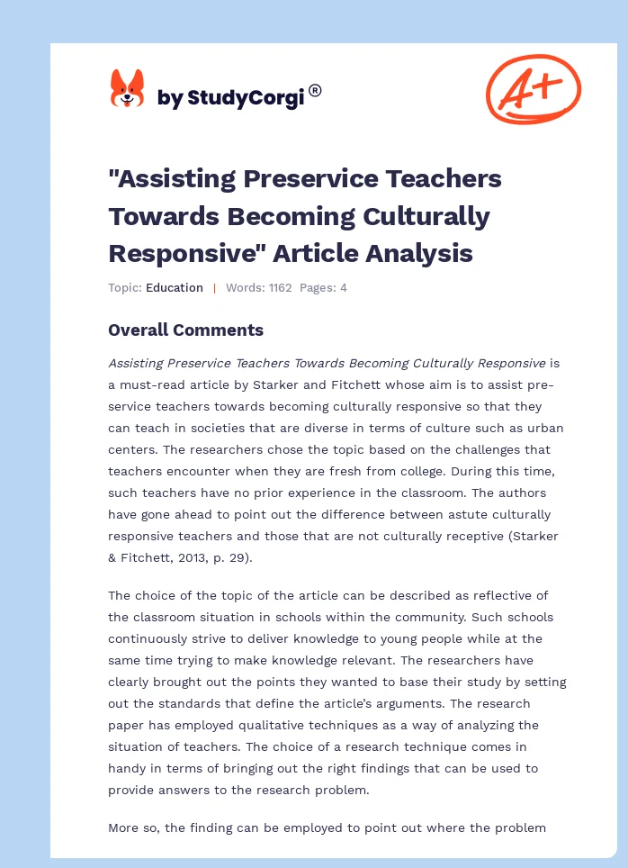 "Assisting Preservice Teachers Towards Becoming Culturally Responsive" Article Analysis. Page 1
