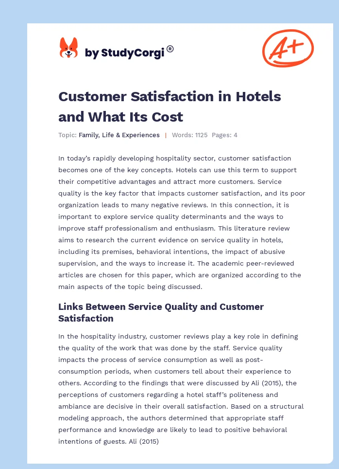 Customer Satisfaction in Hotels and What Its Cost. Page 1